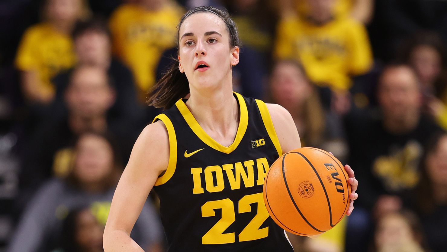 EVANSTON, ILLINOIS - JANUARY 31: Caitlin Clark #22 of the Iowa Hawkeyes dribbles up the court against the Northwestern Wildcats during the first half at Welsh-Ryan Arena on January 31, 2024 in Evanston, Illinois. (Photo by Michael Reaves/Getty Images)