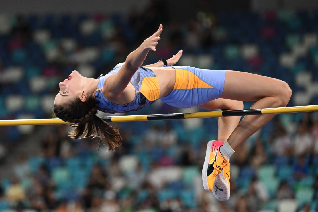 Ukraine's Yaroslava Mahuchikh competes in the women's high jump during the IAAF Diamond League athletics meeting at Egret Stadium in Xiamen, in China's eastern Fujian province on September 2, 2023. (Photo by GREG BAKER / AFP) (Photo by GREG BAKER/AFP via Getty Images)