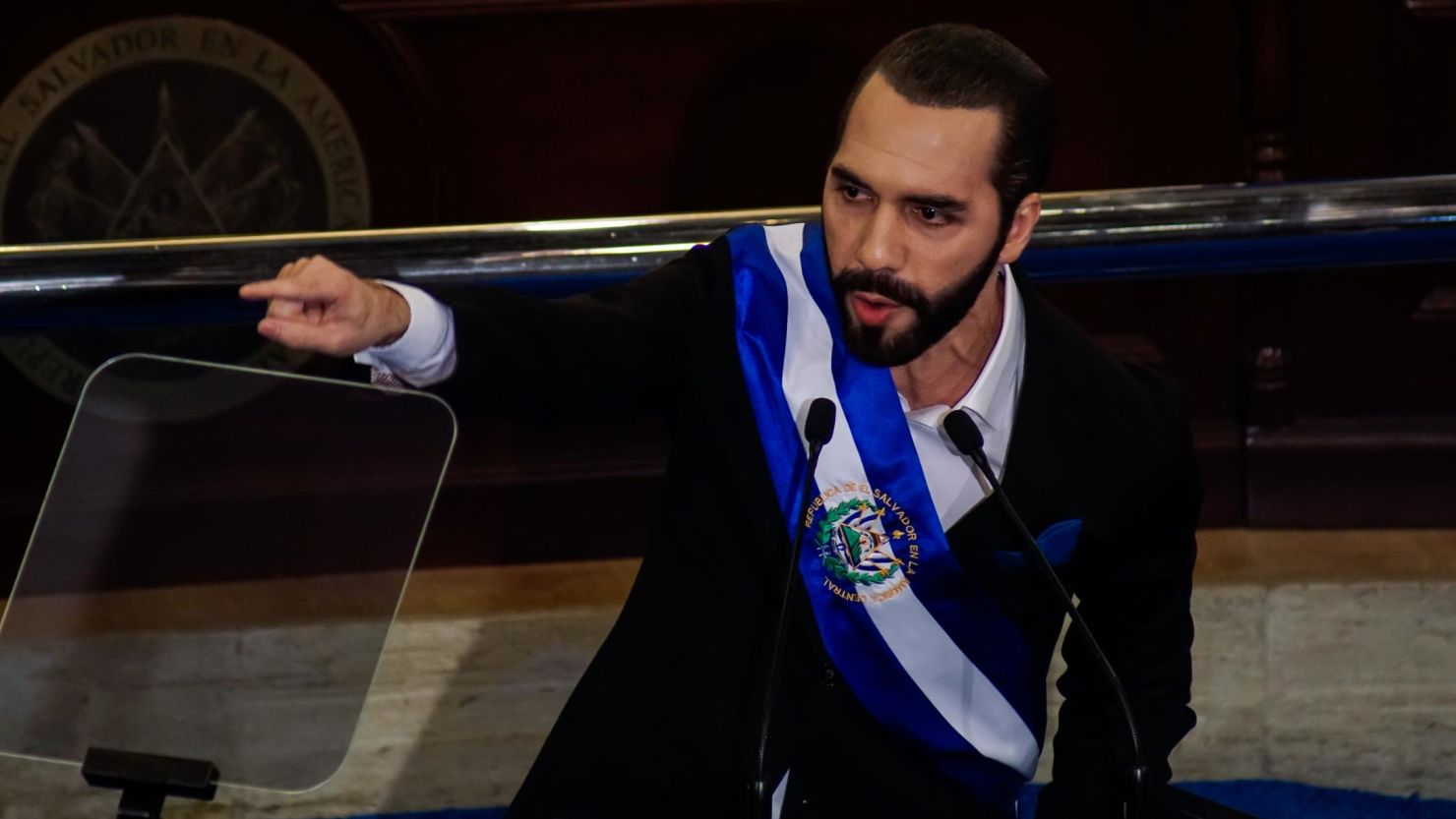 SAN SALVADOR, EL SALVADOR - JUNE 1: Salvadoran President Nayib Bukele speaks during a report to the nation for the 4th year of the current presidential administration in the plenary session at the Legislative Assembly on June 1, 2023 in San Salvador, El Salvador. President of El Salvador Nayib Bukele marks his fourth year of government on June 1 as he seeks re-election in the 2024 elections for a further 5-year period, despite accusations of being unconstitutional. (Photo by Alex Peña/Getty Images)