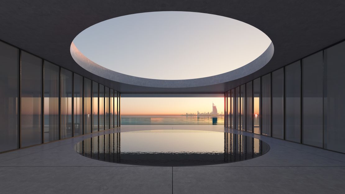 The penthouses at the Armani Beach Residence incorporate zen spaces and focus on wellbeing, like the courtyard and reflection pool pictured in this digital rendering.