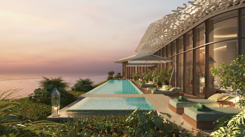 Situated beside the Bulgari Hotel and Resort, residents at the Lighthouse will have access to the resort's facilities as well as private pools, pictured in this digital rendering by ACPV ARCHITECTS and Neverending Studio.