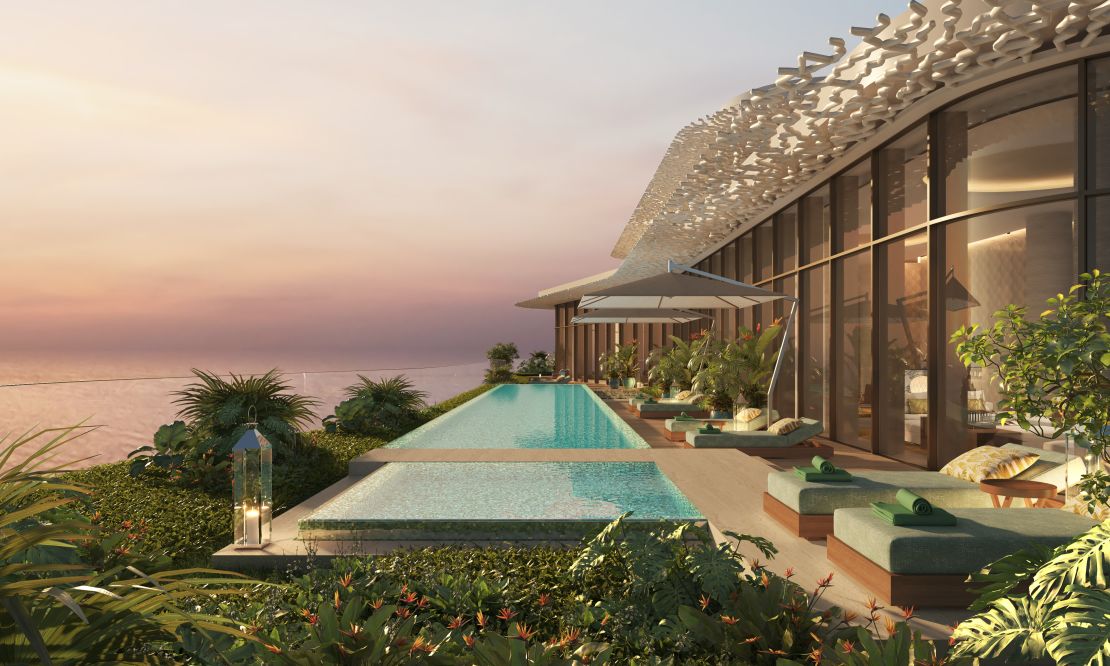 Situated beside the Bulgari Hotel and Resort, residents at the Lighthouse will have access to the resort's facilities as well as private pools, pictured in this digital rendering by ACPV ARCHITECTS and Neverending Studio.