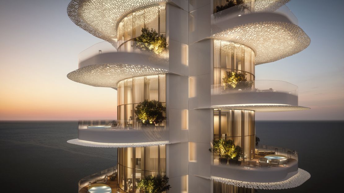 Bulgari describes all the units at the Bulgari Lighthouse as "penthouses" because of the exclusivity of each property: apartments occupy half or an entire floor, have 180 or 360-degree views, and staggered levels create private terraces that don't overlook each other, as seen in this digital rendering by ACPV ARCHITECTS and Neverending Studio.