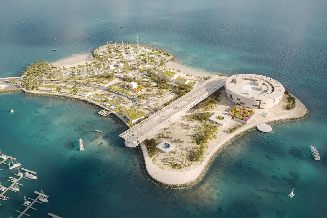 The museum will be located on Al Maha Island, shown in this rendering. Situated off the coast of Lusail, it is already home to an amusement park.