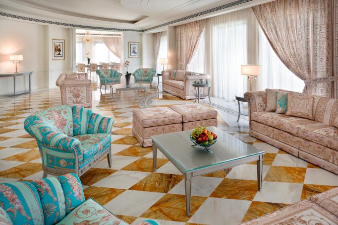 The residences channel Versace's signature baroque style and infuse elements from classical Roman art and design. 