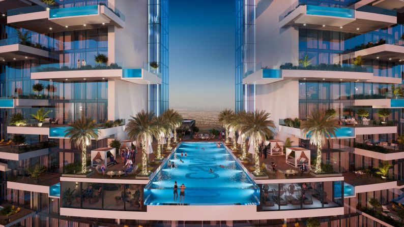 The glass-walled, 58th-floor sky pool, pictured in this digital rendering, is surrounded by dining outlets, and will be the heart of Cavalli Tower's exclusive social and leisure space.