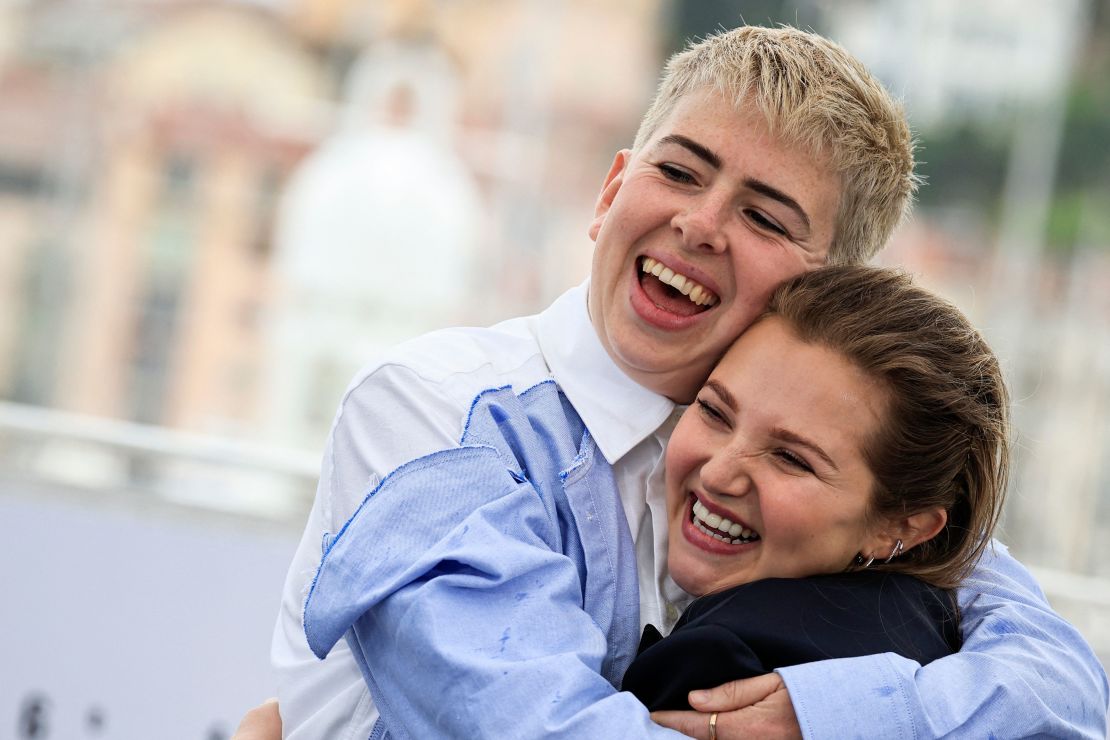 British director Molly Manning Walker (L) and British actress Mia McKenna-Bruce pose during a photocall for the film "How To Have Sex" during the 76th edition of the Cannes Film Festival in Cannes, southern France, on May 19, 2023. (Photo by Valery HACHE / AFP) (Photo by VALERY HACHE/AFP via Getty Images)