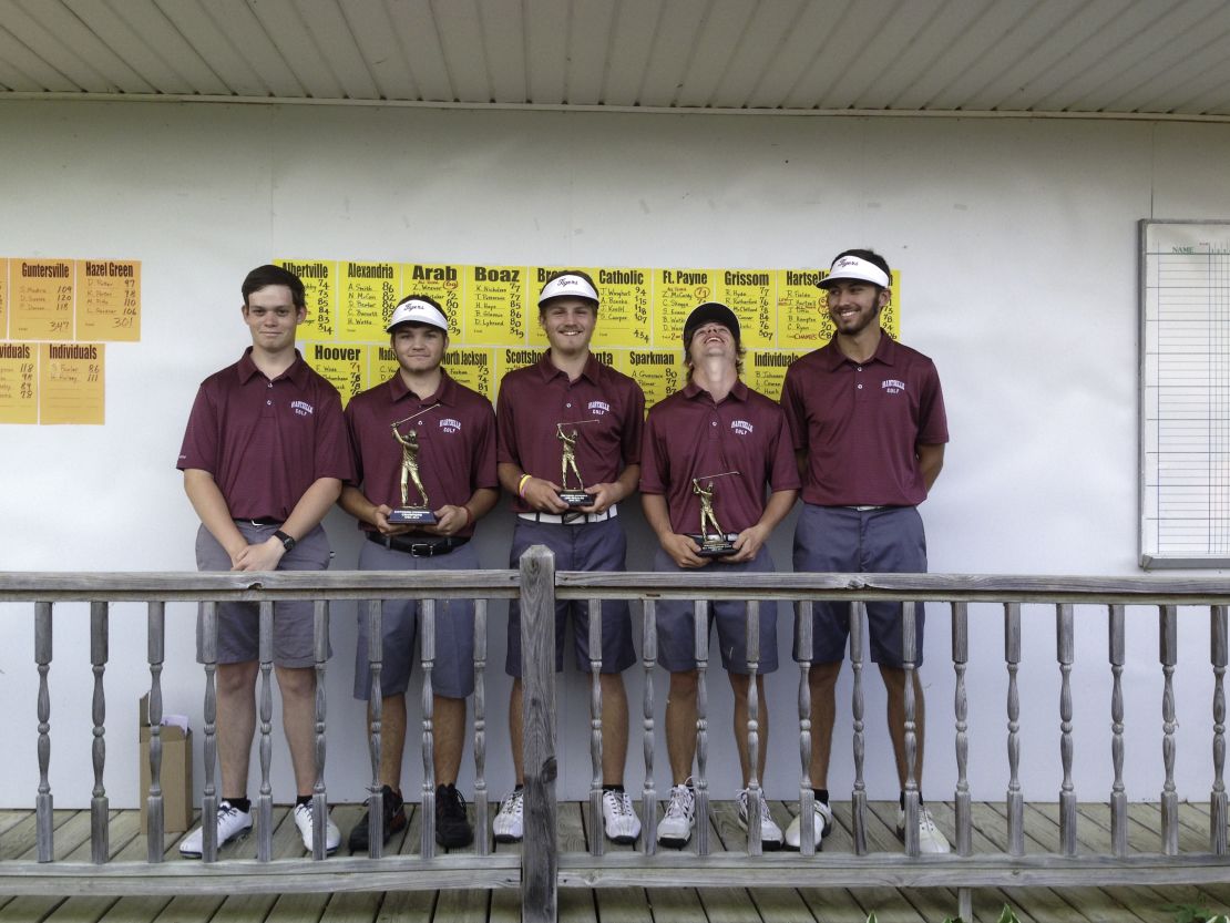 Jordan (center) and his Hartselle High School golf team celebrate one of several victories. The team won the Alabama state championship in 2015.