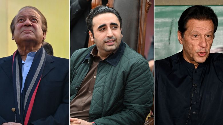 (COMBO) This combination photo created on February 3, 2024 shows Pakistan's presidential candidates Nawaz Sharif (L) in Lahore on January 29, 2024, Bilawal Bhutto Zardari (C) in Batkhela on January 31, 2024 and jailed Imran Khan in Lahore on May 18, 2023. Pakistan goes to the polls on February 8, 2024 in an election that rights observers have dubbed deeply flawed, with the country's most charismatic politician languishing in jail, barred from taking part. The nuclear-armed nation of 240 million people presents itself as the world's fifth largest democracy, but judicial hounding of former prime minister Imran Khan has some questioning that claim. (Photo by Arif ALI and Aamir QURESHI / AFP) / TO GO WITH Pakistan-politics-vote-candidates, PROFILE (Photo by ARIF ALIAAMIR QURESHI/AFP via Getty Images)