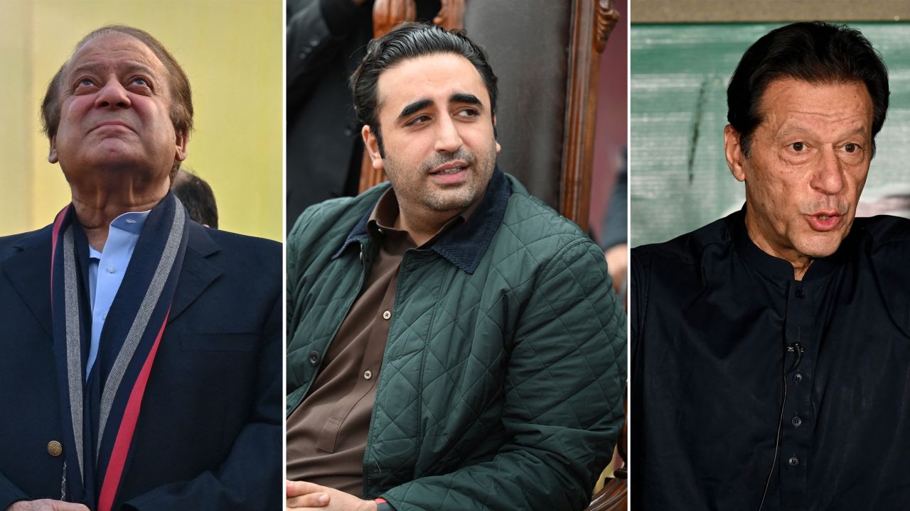 (COMBO) This combination photo created on February 3, 2024 shows Pakistan's presidential candidates Nawaz Sharif (L) in Lahore on January 29, 2024, Bilawal Bhutto Zardari (C) in Batkhela on January 31, 2024 and jailed Imran Khan in Lahore on May 18, 2023. Pakistan goes to the polls on February 8, 2024 in an election that rights observers have dubbed deeply flawed, with the country's most charismatic politician languishing in jail, barred from taking part. The nuclear-armed nation of 240 million people presents itself as the world's fifth largest democracy, but judicial hounding of former prime minister Imran Khan has some questioning that claim. (Photo by Arif ALI and Aamir QURESHI / AFP) / TO GO WITH Pakistan-politics-vote-candidates, PROFILE (Photo by ARIF ALIAAMIR QURESHI/AFP via Getty Images)
