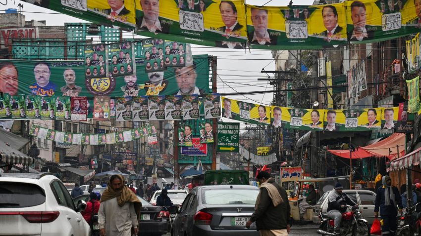 A street is festooned with posters of Pakistan's former Prime Minister and leader of the Pakistan Muslim League (PML) party, Nawaz Sharif in Lahore on February 4, 2024, ahead of national elections. (Photo by Arif ALI / AFP) (Photo by ARIF ALI/AFP via Getty Images)
