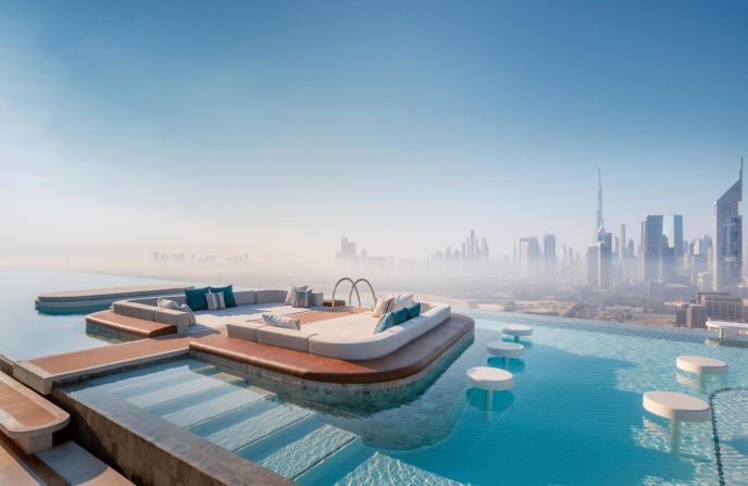 At 120 meters (394 feet) long, the infinity pool, its pods and cabanas offer sweeping views across Dubai's skyline.