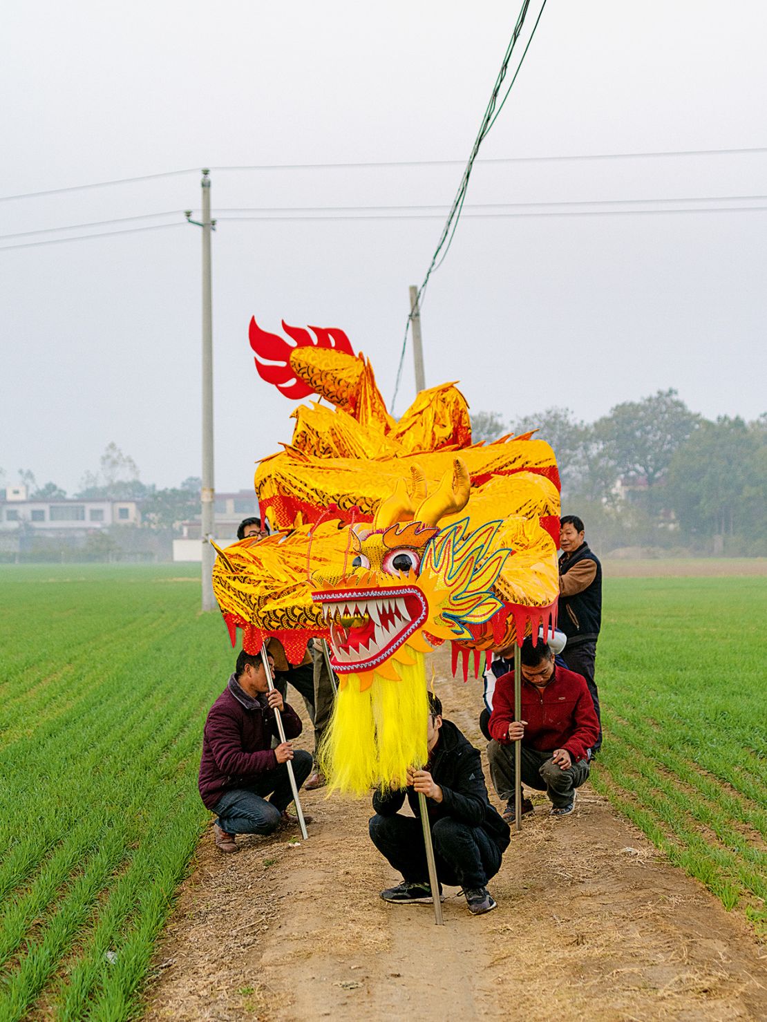Baosheng and friends pose with a golden dragon in the field path, Huozhuang Village, Henan Province, 2018; from Community Fire (Aperture, 2023).