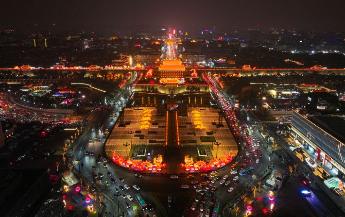 An aerial view of the Xi'an City Wall. Built in the Ming Dynasty, with intricate drawbridges, towers and a moat, the wall was once one of the most impressive military defense systems in the world.