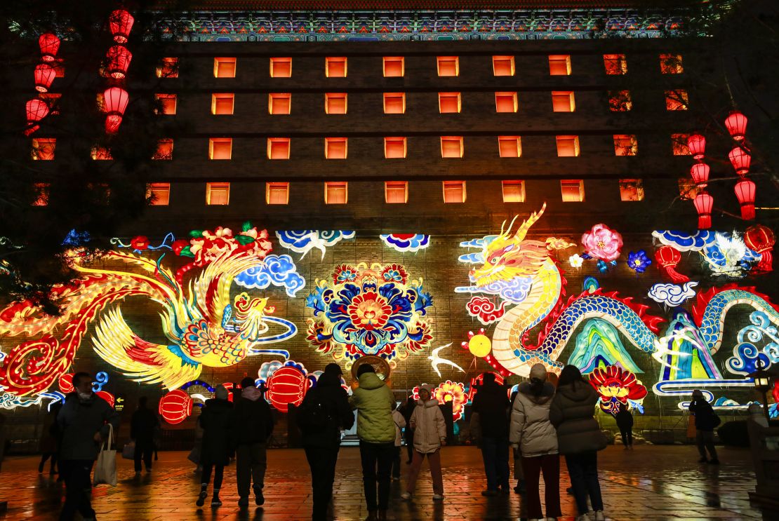 XI'AN, CHINA - FEBRUARY 01: Fancy lanterns and light installations illuminate the City Walls during a rehearsal of the Spring Festival Light Show on February 1, 2024 in Xi'an, Shaanxi Province of China. The Light Show will officially start on February 2. (Photo by VCG/VCG via Getty Images)