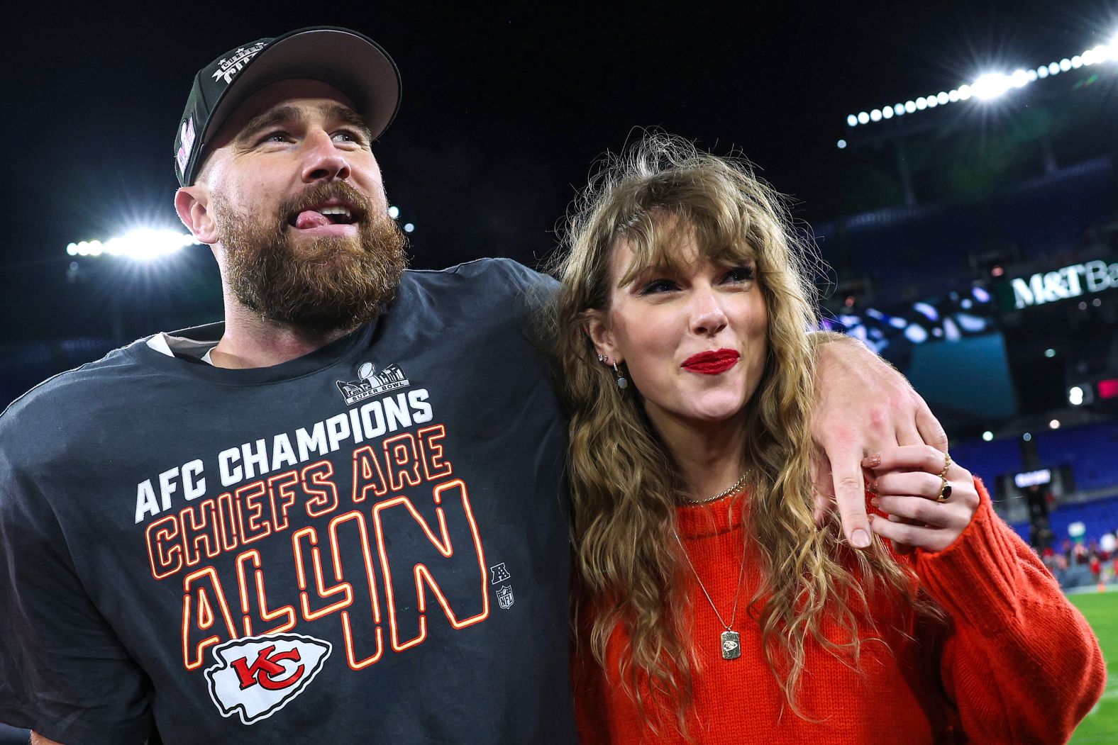Swift celebrates with her boyfriend, Kansas City Chiefs tight end Travis Kelce, after the Chiefs <a href="index.php?page=&url=https%3A%2F%2Fwww.cnn.com%2F2024%2F01%2F28%2Fentertainment%2Ftaylor-swift-travis-kelce-super-bowl%2Findex.html" target="_blank">won the AFC Championship</a> in January 2024 and clinched a spot in the Super Bowl. 