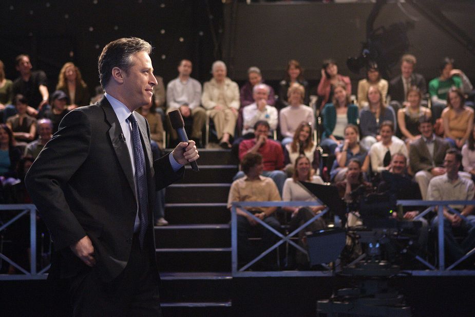Stewart talks to members of "The Daily Show" audience before a taping in 2005.