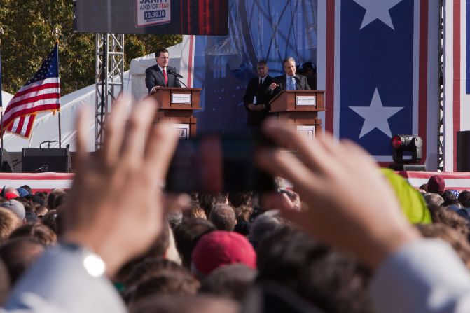 Colbert and Stewart take part in Comedy Central event — a "Rally to Restore Sanity and/or Fear" — on the National Mall in Washington, DC, in 2010.