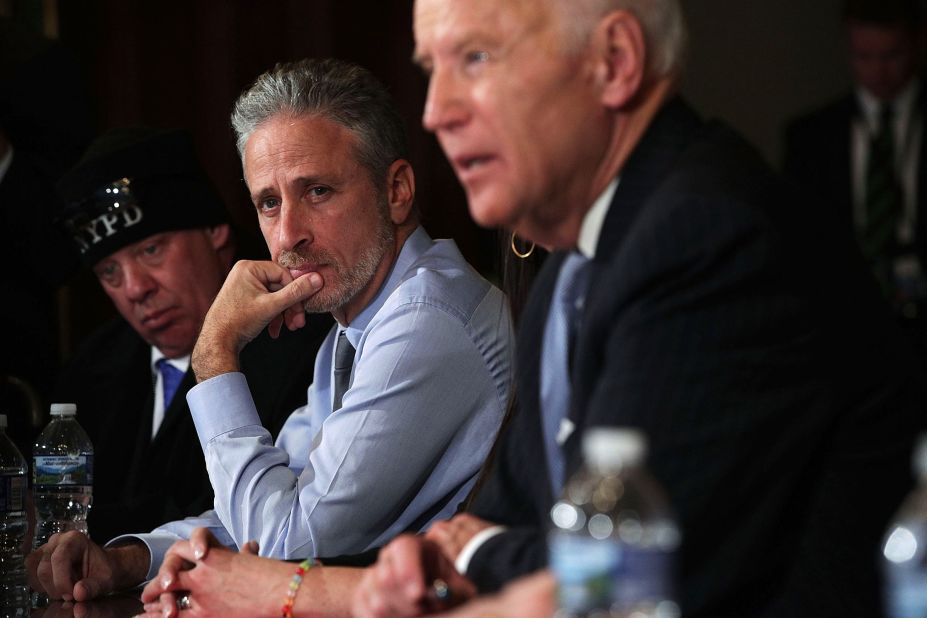 Stewart sits next to then-Vice President Joe Biden, who was speaking during a roundtable on the Cancer Moonshot Initiative in 2016. Biden held the roundtable to discuss military and first responder care. Stewart has been a consistent advocate for the first responders on 9/11.