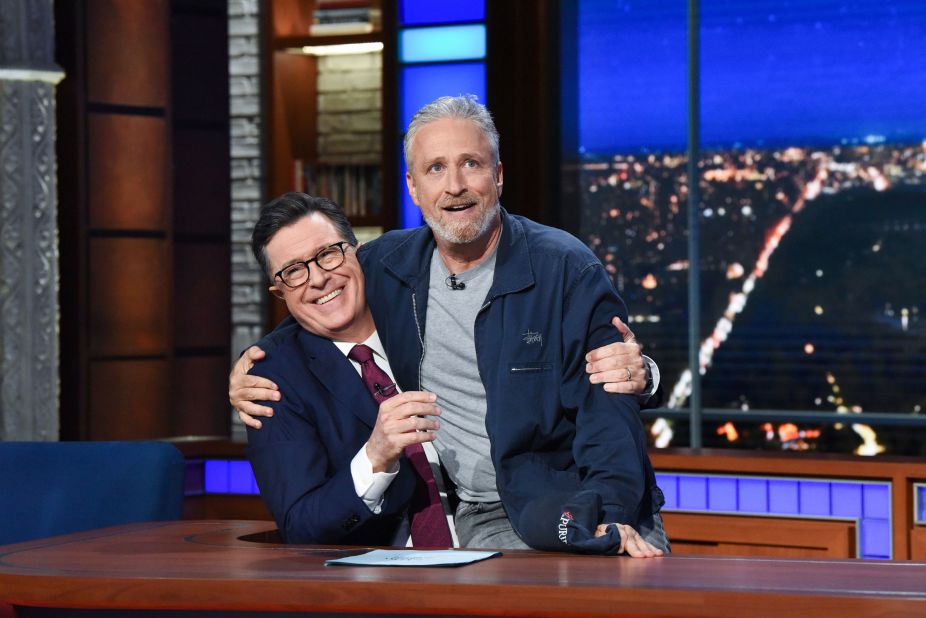 Stewart appears on "The Late Show with Stephen Colbert" in 2019.