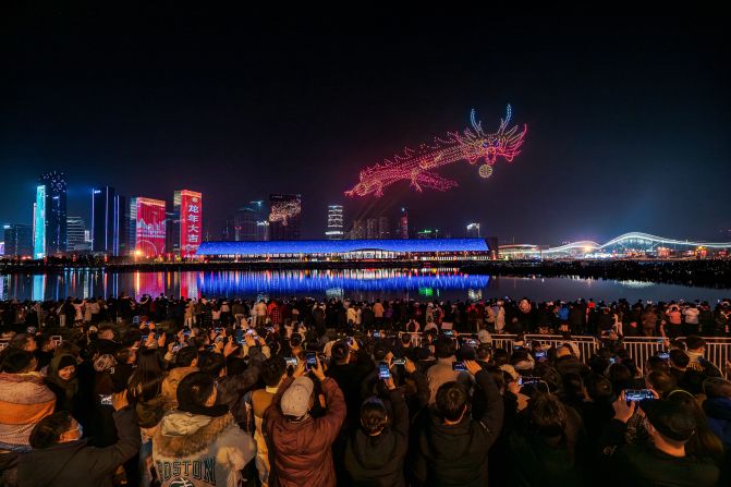 3,000 drones form a giant dragon pattern over Tianfu International Convention Centre to ring in the Year of the Dragon on February 10, in Chengdu, China.