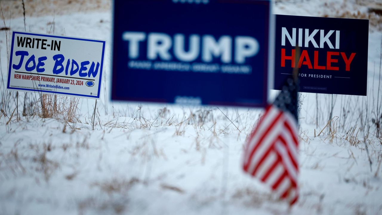 LOUDON, NEW HAMPSHIRE - JANUARY 19: Campaign signs for Republican presidential candidates former President Donald Trump and former UN Ambassador Nikki Haley stand next to a sign asking voters to write in President Joe Biden in next Tuesday's primary election on January 19, 2024 in Loudon, New Hampshire. New Hampshire voters will weigh in next week on the Republican nominating race with their first-in-the-nation primary, about one week after Trump's record-setting win in the Iowa caucuses. Haley is hoping for a strong second-place showing so to continue her campaign into Nevada and South Carolina. (Photo by Chip Somodevilla/Getty Images)