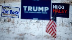 LOUDON, NEW HAMPSHIRE - JANUARY 19: Campaign signs for Republican presidential candidates former President Donald Trump and former UN Ambassador Nikki Haley stand next to a sign asking voters to write in President Joe Biden in next Tuesday's primary election on January 19, 2024 in Loudon, New Hampshire. New Hampshire voters will weigh in next week on the Republican nominating race with their first-in-the-nation primary, about one week after Trump's record-setting win in the Iowa caucuses. Haley is hoping for a strong second-place showing so to continue her campaign into Nevada and South Carolina. (Photo by Chip Somodevilla/Getty Images)