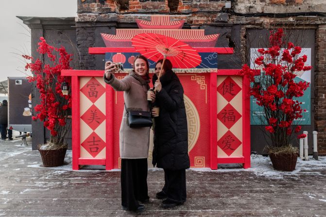 People take selfies as they celebrate the Lunar New Year in St. Petersburg, Russia, on February 10.