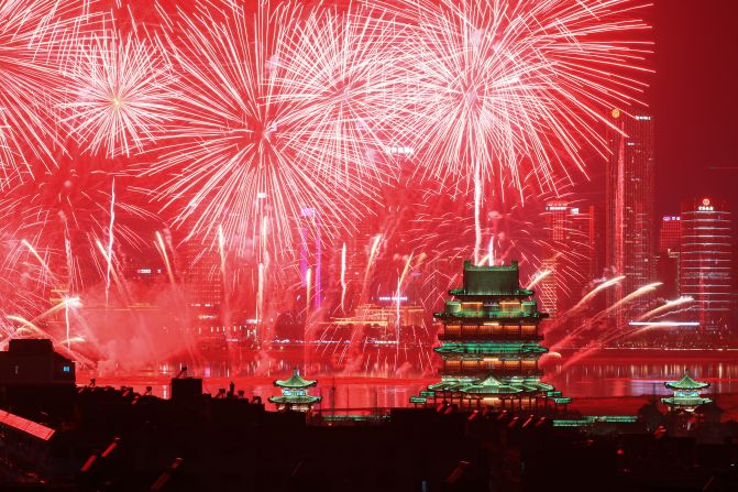Fireworks explode over Tengwang Pavilion to celebrate the Lunar New Year on February 10, in Nanchang, China.