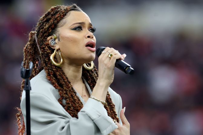 Singer Andra Day performs "Lift Every Voice and Sing" during the pregame festivities.