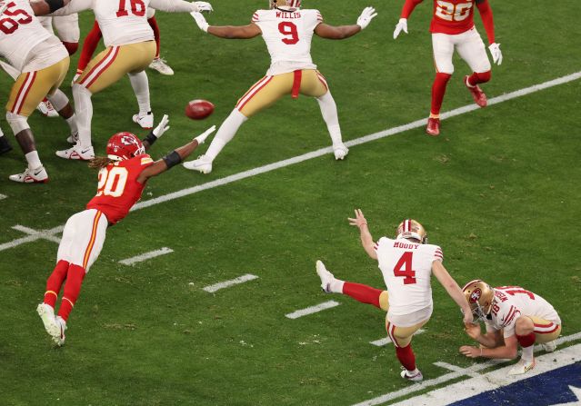 Moody makes a 55-yard field goal to open the scoring in the second quarter. It was the longest field goal in Super Bowl history until Butker topped it later in the game.