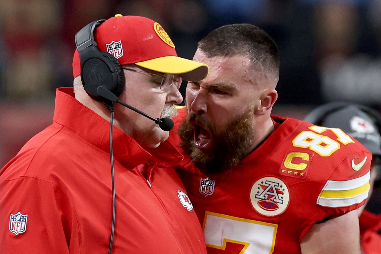 Kansas City Chiefs tight end Travis Kelce yells at head coach Andy Reid after a first-half play in <a href="index.php?page=&url=http%3A%2F%2Fwww.cnn.com%2F2024%2F02%2F11%2Fsport%2Fgallery%2Fbest-photos-super-bowl-lviii%2Findex.html" target="_blank">Super Bowl LVIII</a> on Sunday, February 11. Kelce also bumped into Reid, knocking him a little off balance. Reid laughed off the incident after the game, which the Chiefs won 25-22 in overtime. But <a href="index.php?page=&url=https%3A%2F%2Fwww.cnn.com%2F2024%2F02%2F14%2Fsport%2Ftravis-kelce-push-andy-reid-explain-spt-intl%2Findex.html" target="_blank">Kelce said on his podcast this week</a> that he went too far and it was "definitely unacceptable."