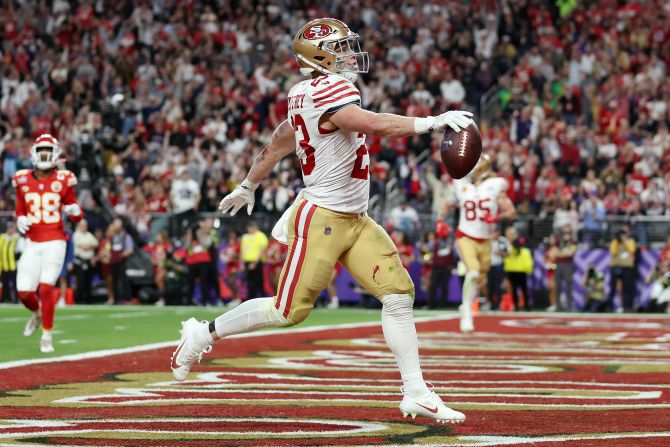 McCaffrey scores the first touchdown of the game. The 21-yard score in the second quarter came off a trick play where Jennings threw a pass across the field to McCaffrey. The 49ers went into halftime with a 10-3 lead.