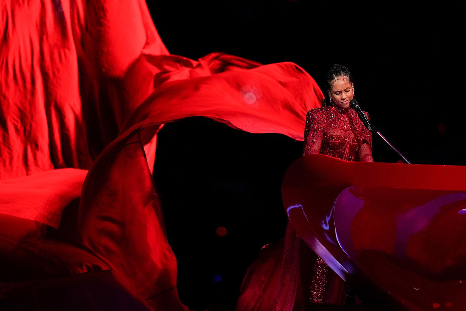 Alicia Keys plays the piano during the <a href="index.php?page=&url=http%3A%2F%2Fwww.cnn.com%2F2024%2F02%2F11%2Fentertainment%2Fgallery%2Fhalftime-show-super-bowl-lviii-usher%2Findex.html" target="_blank">Super Bowl halftime show</a> on Sunday, February 11. The show was headlined by Usher, but he was joined by several guests that included Keys, H.E.R., Lil Jon and Ludacris.