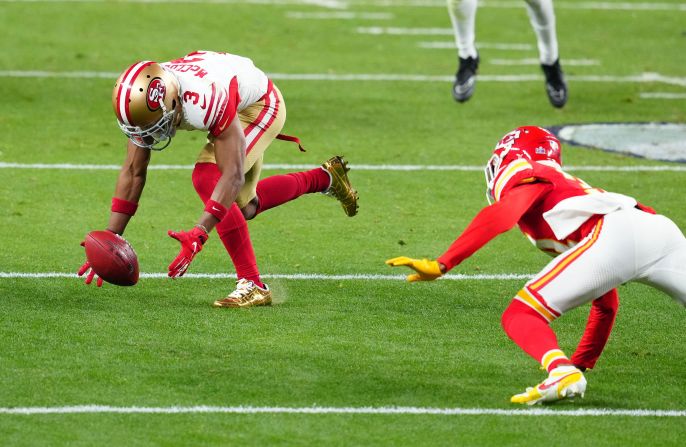 The 49ers' Ray-Ray McCloud III tries to recover a muffed punt in the third quarter. The Chiefs recovered and then scored a touchdown on the next play.