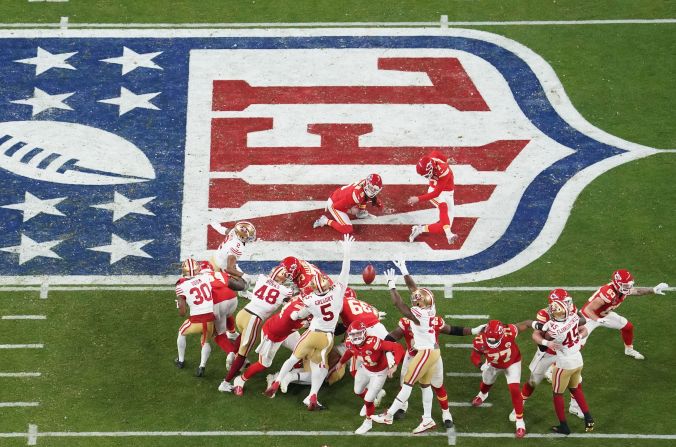 Butker kicks a 57-yard field goal in the third quarter to cut the 49ers' lead to 10-6. It is the longest field goal in Super Bowl history, eclipsing the 55-yarder that Moody kicked in the first half.