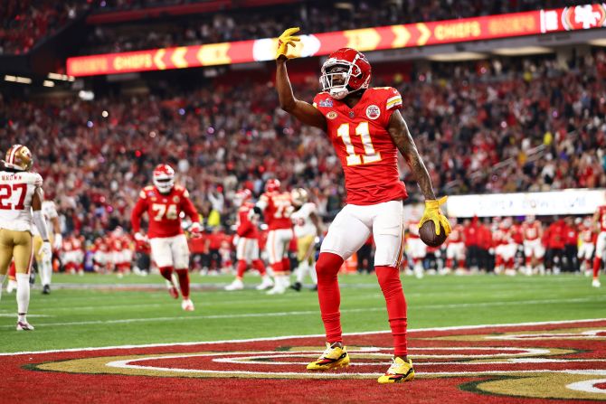 Chiefs wide receiver Marquez Valdes-Scantling celebrates after catching a 16-yard touchdown pass in the third quarter. The touchdown gave the Chiefs their first lead of the game, and they led 13-10 going into the fourth quarter.