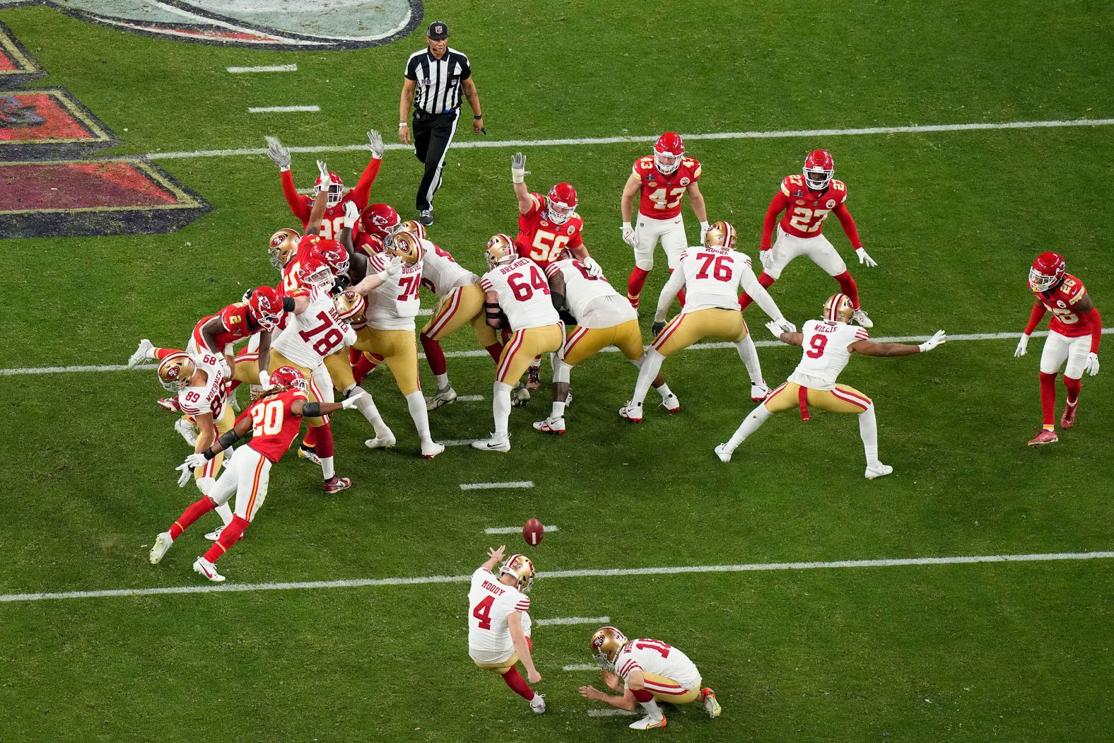 Moody kicks a 53-yard field goal late in the fourth quarter to give his team a 19-16 lead. Chiefs kicker Harrison Butker would tie the game with three seconds left.