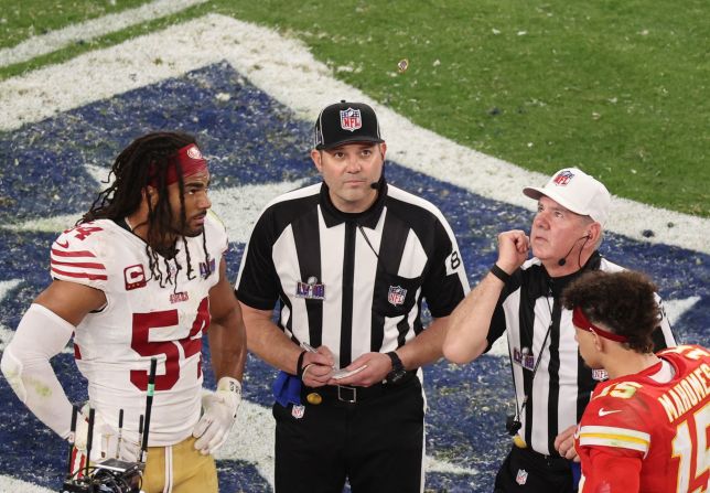 Referee Bill Vinovich performs the coin toss before overtime. This was just the second Super Bowl in history to go to overtime.