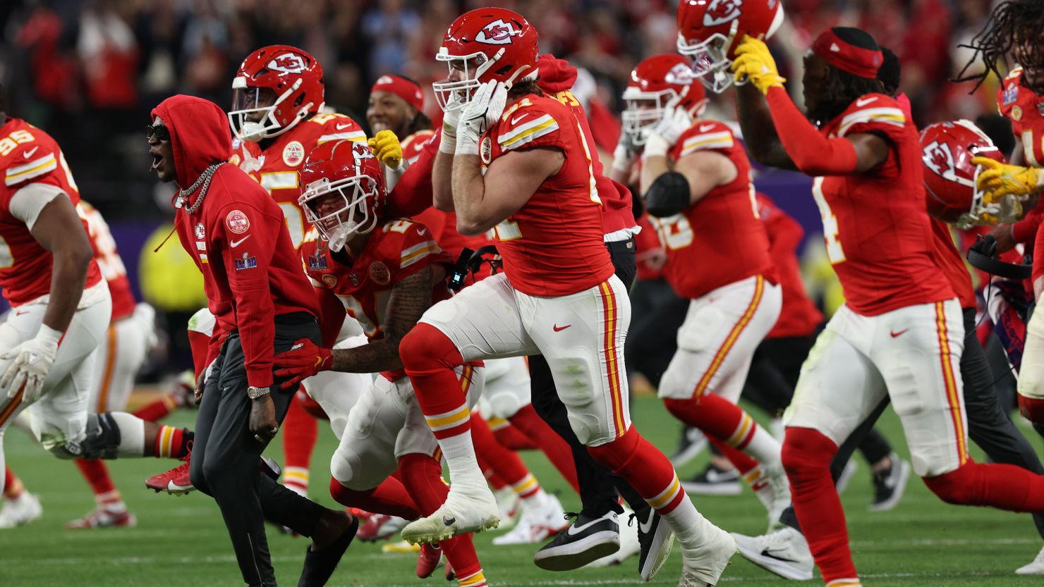 LAS VEGAS, NEVADA - FEBRUARY 11: The Kansas City Chiefs celebrate after defeating the San Francisco 49ers in Super Bowl LVIII at Allegiant Stadium on February 11, 2024 in Las Vegas, Nevada. (Photo by Jamie Squire/Getty Images)