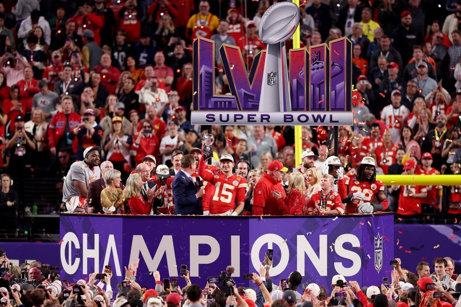 Kansas City Chiefs quarterback Patrick Mahomes holds the Lombardi Trophy after the Chiefs won Super Bowl LVIII on Sunday, February 11. Mahomes was named the game's Most Valuable Player.