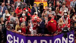 Kansas City Chiefs tight end Travis Kelce (87) holds the Vince Lombardi Trophy after the team's victory over the San Francisco 49ers in the NFL Super Bowl 58 football game Sunday, Feb. 11, 2024, in Las Vegas. (AP Photo/David J. Phillip)