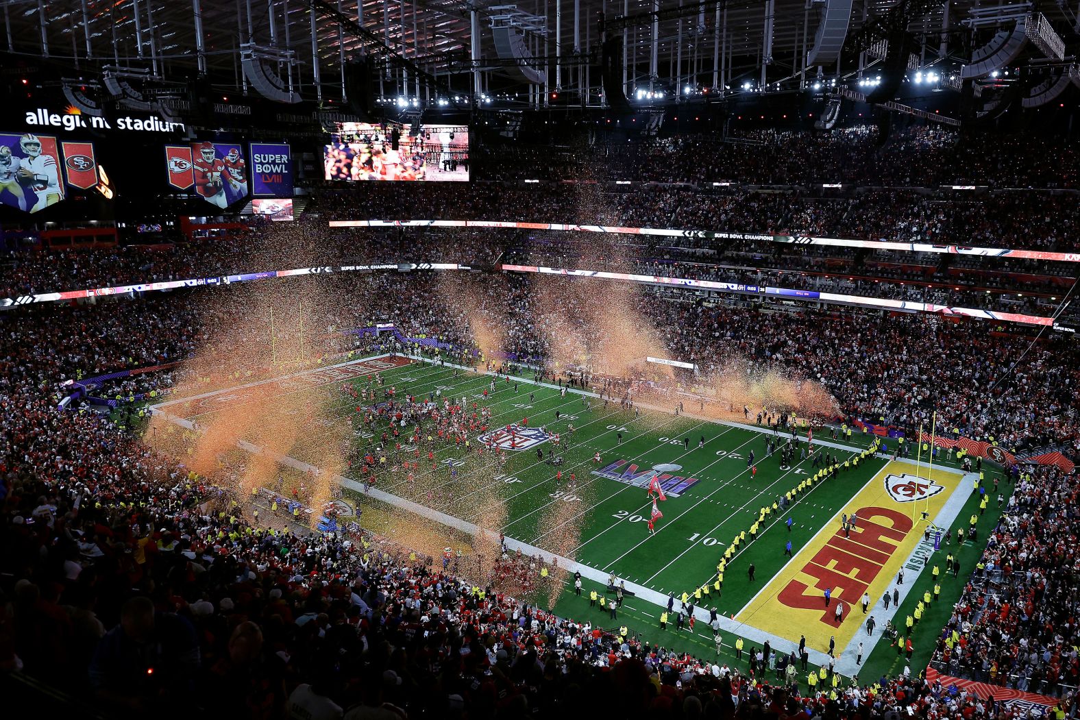 Confetti falls at Allegiant Stadium, which is just off the Las Vegas Strip.