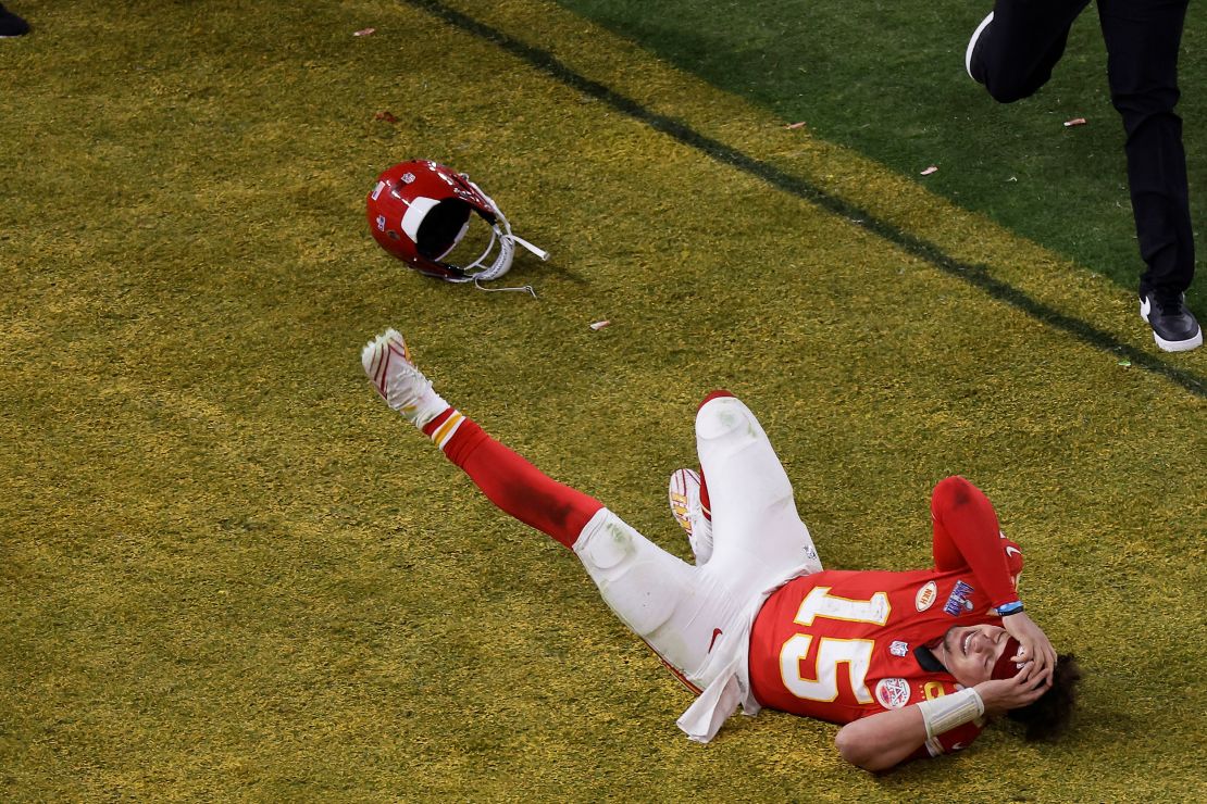 Kansas City Chiefs quarterback Patrick Mahomes celebrates after throwing the game-winning touchdown against the San Francisco 49ers during overtime of the NFL Super Bowl 58 football game Sunday, Feb. 11, 2024, in Las Vegas. (AP Photo/Adam Hunger)