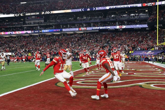 Kansas City Chiefs quarterback Patrick Mahomes, front left, celebrates with Mecole Hardman Jr. after they connected for the game-winning touchdown in Super Bowl LVIII on Sunday, February 11. Mahomes, with 333 passing yards, 66 rushing yards and two touchdown passes, was named Super Bowl MVP after the Chiefs defeated the San Francisco 49ers in overtime, 25-22.