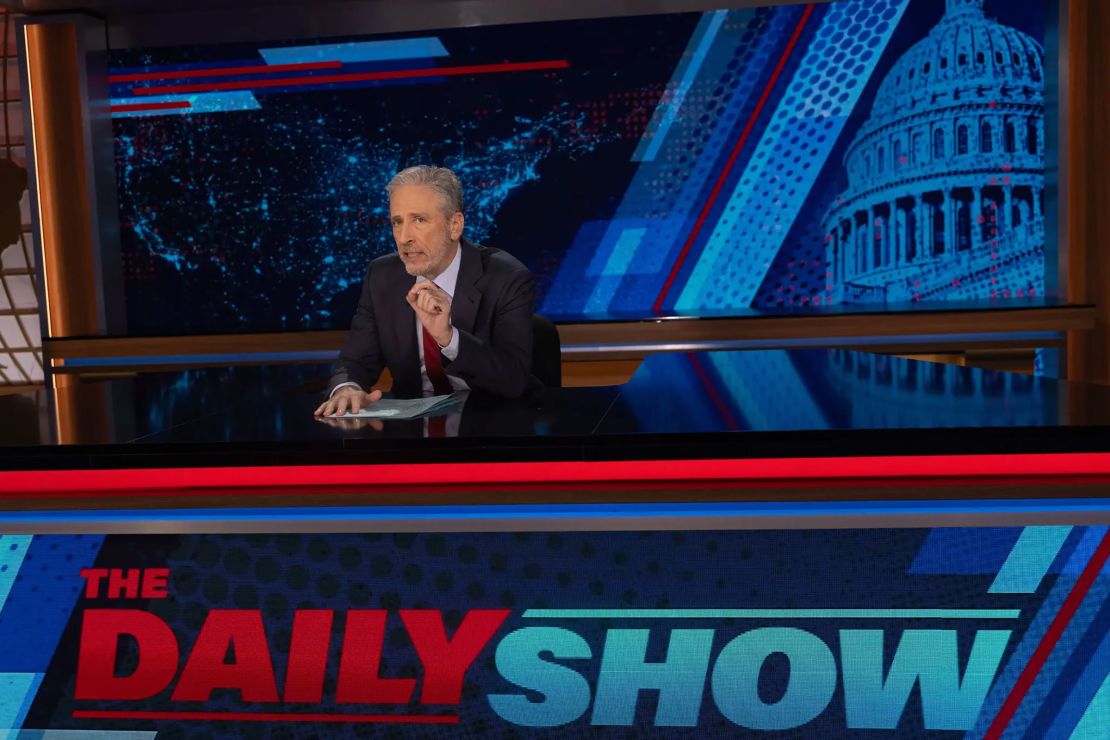 Jon Stewart during his first night back on The Daily Show after more than eight years on Monday, February 12. Stewart is scheduled to host one day a week.