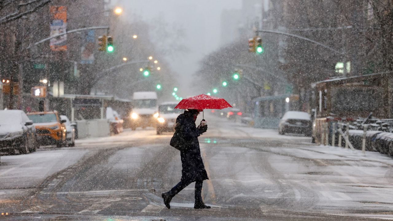 A pedestrian holds an umbrella as the snow falls during a Nor'easter winter storm in New York City, U.S., February 13, 2024. REUTERS/Andrew Kelly