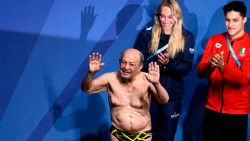 Former Iran's national champion Taghi Askari waves during his felicitation before the final of the women's 3m springboard diving event at the 2024 World Aquatics Championships at Hamad Aquatics Centre in Doha on February 9, 2024. (Photo by SEBASTIEN BOZON / AFP) (Photo by SEBASTIEN BOZON/AFP via Getty Images)