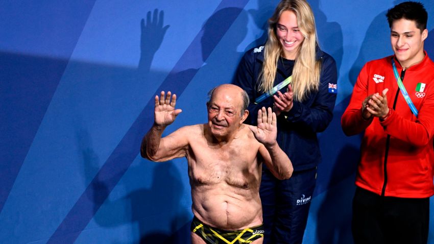 Former Iran's national champion Taghi Askari waves during his felicitation before the final of the women's 3m springboard diving event at the 2024 World Aquatics Championships at Hamad Aquatics Centre in Doha on February 9, 2024. (Photo by SEBASTIEN BOZON / AFP) (Photo by SEBASTIEN BOZON/AFP via Getty Images)