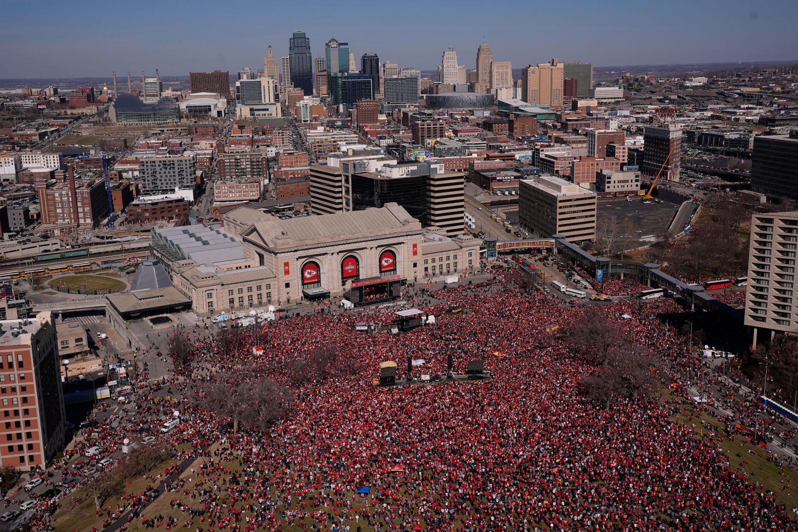 A massive crowd is seen outside Union Station, where the pep rally was held after the parade.